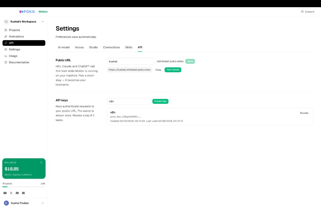 Public URL and API key settings in Poko Motion