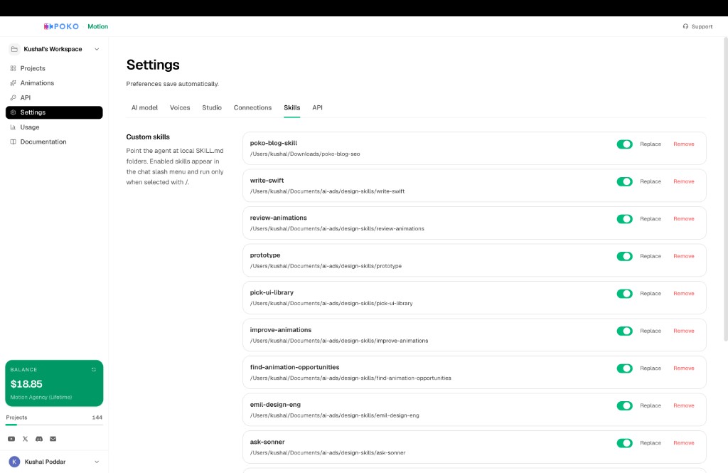 Custom skills list in Settings