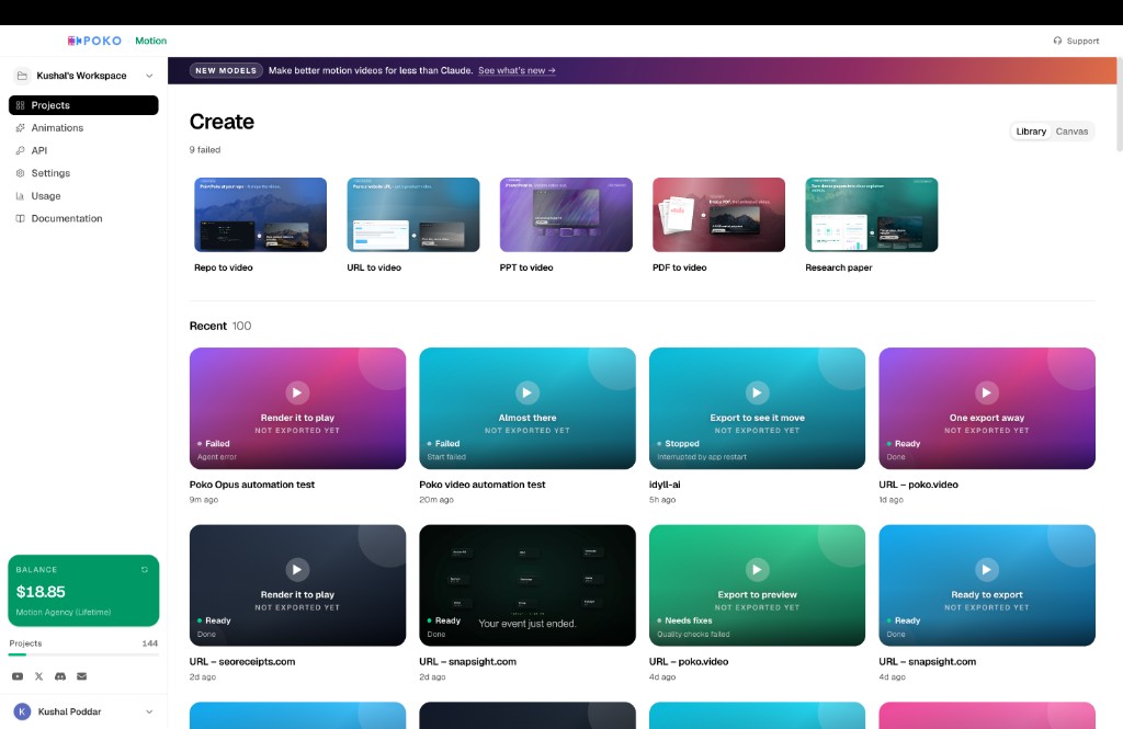 Poko Motion Create dashboard