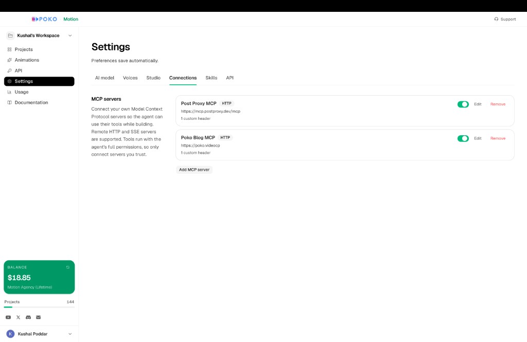 Configured MCP servers in Settings