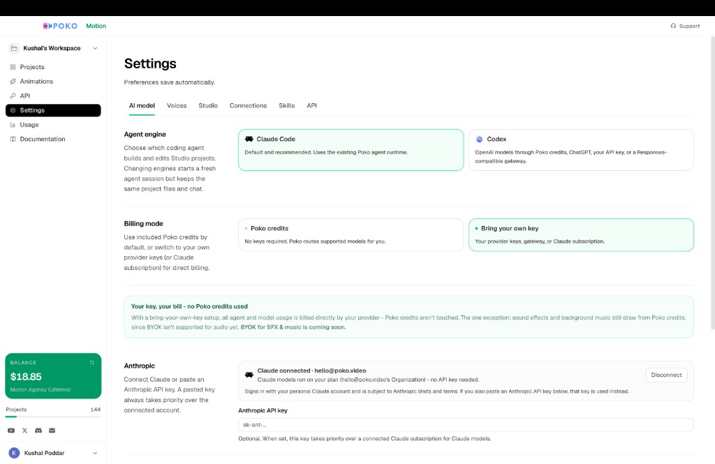 AI model settings in Poko Motion