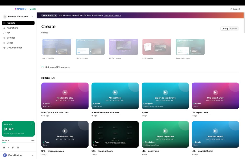 URL project setup progress on the dashboard
