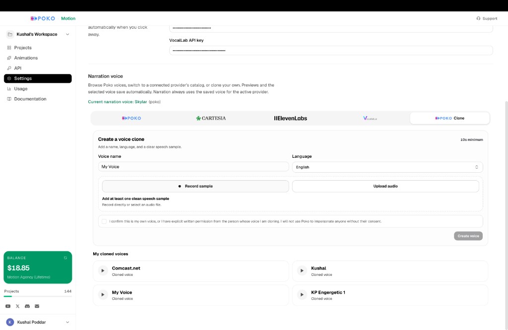 Voice clone setup in Poko Motion