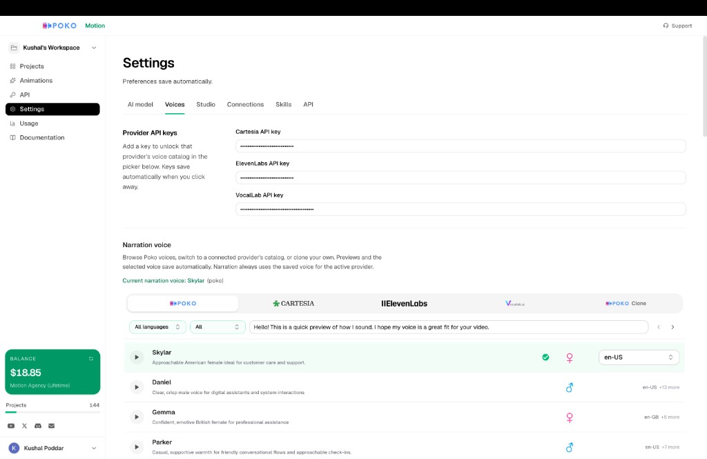 Poko voice picker in Settings