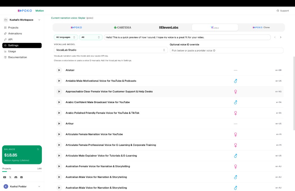 VocalLab voice catalog in Settings